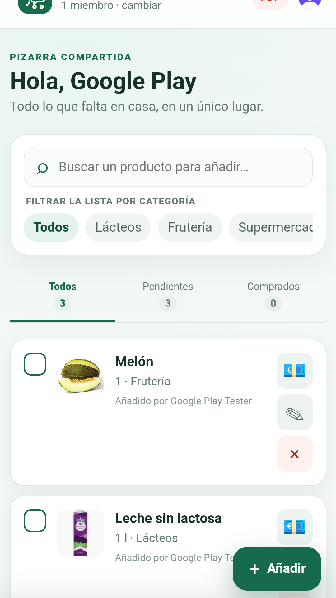 Captura real de Pizarra Familiar: lista de la compra compartida